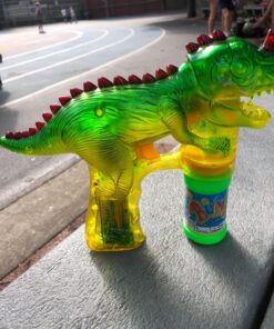 Dinosaur Bubble Gun Light Up Bubbles Shooter, Battery Operated Bubble Maker Toy for Toddlers & Kids, Sound-Free (Extra Refill Bottle and Batteries Included) Green Dinosaur 43 81kT795yeYL