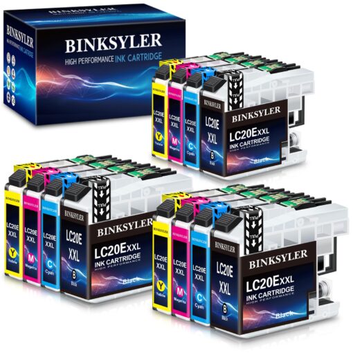 BINKSYLER LC20E XXL BK/C/Y/M Ink Cartridges Super High Yield Replacement for Brother LC20EBK LC20EC LC20EM LC20EY Work for Brother MFC-J985DW J985DWXL J775DW J5920DW Printer (3BK 3C 3M 3Y) 12 Pack 3 Black 3 Cyan 3 Magenta 3 Yellow