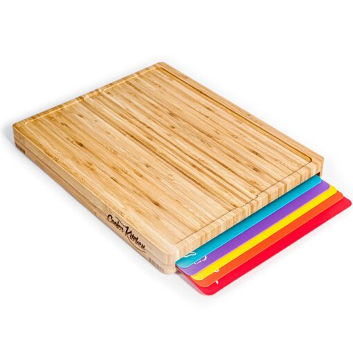 Cutting Board Set Easy-to-Clean Bamboo Wood Board with 6 Color-Coded Flexible Cutting Mats with Food Icons - Chopping Board Set Light