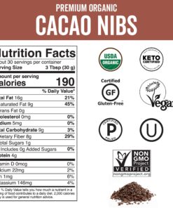 Viva Naturals Organic Cacao Nibs, 2 lb Bag (907g) - Keto Friendly and Vegan Unsweetened Chocolate Chip Substitute, Perfect for Gluten Free Baking, Cacao Nib Smoothies and More, Non-GMO and Gluten Free 2 Pound (Pack of 1) 20 81kei7n3E7L