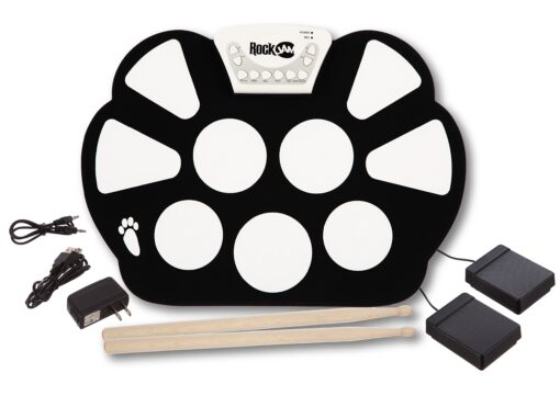 RockJam Portable Electronic Roll up Drum Kit with, Power Supply, Foot Pedals, Headphone Jack, and Drumsticks, inch (RJ758) No Built-In Speaker