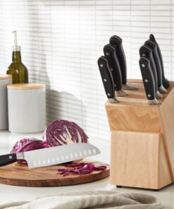Amazon Basics 9-Piece Premium Kitchen High-Carbon Stainless-Steel Blades with Pine Wood Knife Block Set, Black Traditional Handle Design 22 81klCca2WmL