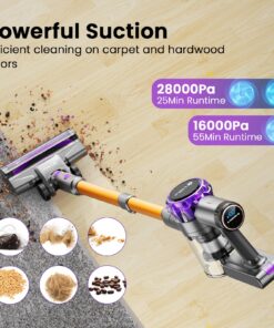 UMLo Cordless Vacuum Cleaner, 300W 28Kpa Powerful Stick Vacuum with LED Display, Rechargeable Cordless Vacuum Max 55Min Runtime, Free-Standing, Vacuum Cleaners for Home Carpet Hard Floor Pet Hair Lilac 9 81klfL9NJWL
