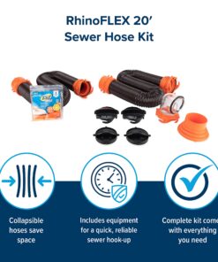 Camco RhinoFLEX 20’ Camper/RV Sewer Hose Kit | Clear Elbow w/ Removable 4-in-1 Adapter & Pre-Attached Swivel Bayonet and Lug Fittings | Sections Compress for RV Storage and Organization (39742) ,Brown 20ft Sewer Hose Kit Frustration-Free Packaging 32 81kuRfS3RDL
