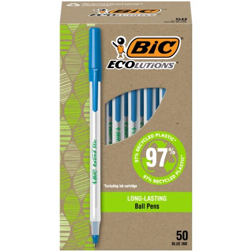 BIC Ecolutions Round Stic Ballpoint Pens, Medium Point (1.0mm), 50-Count Pack, Blue Ink Pens Made from 97% Recycled Plastic 50 Count (Pack of 1)