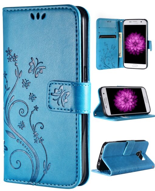 FLYEE Case Compatible with Samsung Galaxy S7(5.1inch,Released in 2016),Wallet Case for Women and Girls with Card Holder,Flip PU Leather Case[Kickstand] Embossed Flowers Protective Case-Blue Flowers-Blue