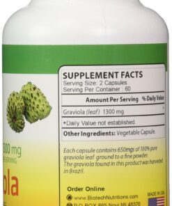 Biotech Nutritions Graviola 100% Pure Graviola 1300mg Per Servings 120 Capsules Per Bottle (Annona muricata) 120 Count (Pack of 1) 14 81lVFAPY1L