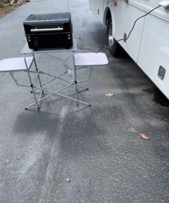 Camco Olympian Deluxe Portable Grill Table | Provides Plenty of Room for Grilling Gear | Ideal for Picnics, Camping, Boating, Tailgating, and Backyard BBQs | (57293) Silver Camping Grill Table 55 81layPinTeL