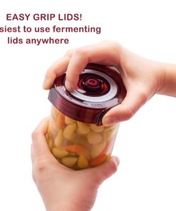 Fermenting Lids for wide mouth mason jars. 4 waterless airlock fermentation lids kit. Easy Grip fermenter lid with Oxygen Pump automatically Vents air. Tracks ferment date. (4 Lids + Pump) 28 81linwdnNYL