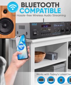 PYLE Wireless Bluetooth Karaoke Amplifier Home Car Bus Tours 300 Watts 2 Channel Digital Home Audio PA Receiver System 2 Microphone Input Control, FM Radio, USB,12 Volt Power Option Pyle PFA600BU 24 81lpxwAetgL