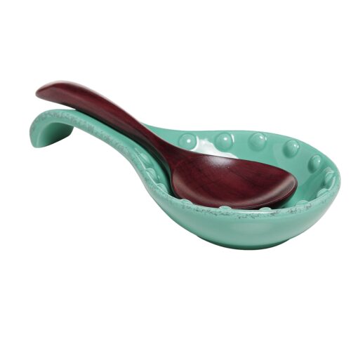 MyGift® Turquoise Ceramic Spoon Rest with Dot Design, Countertop Cooking Spoon and Ladle Holder