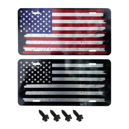 USA Made - Double Sided Extra Thick Brushed Aluminum American Flag License Plate + 4 Black License Plate Screws - USA License Plate Frame Cover