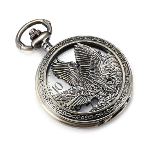 SIBOSUN Pocket Watch Chain Quartz Movement Arabic Numerals Half Hunter Smooth Back Case Bronze Vintage Box 1 Eagle