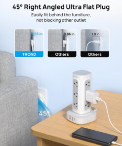 TROND Surge Protector Power Strip Tower - Flat Plug 6 ft Extension Cord with 12 Multiple Outlets, 4 USB Ports(1 USB C), Multi Plug Charging Tower, 1700J, for Home Office Supplies, Dorm Room Essentials 32 81m6tI2hWTL