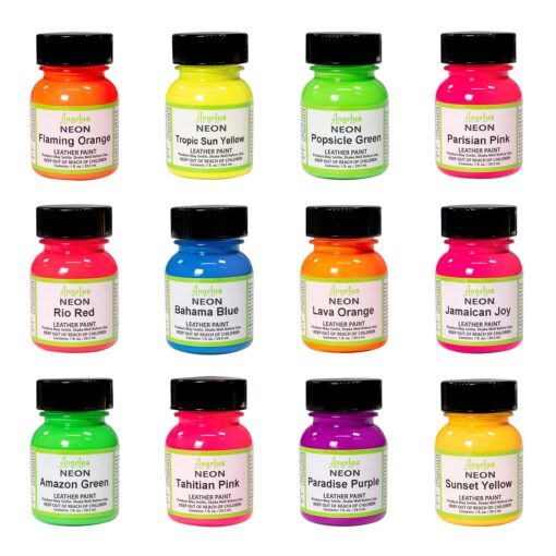 Angelus Neon Leather Paint 1oz 12 Color Set Kit For Sneakers, Shoes Boots, Jackets, Shirts, Cups, & More- Made in USA