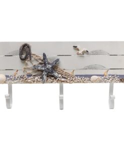 MyGift 13.4 Inch Wall Mounted Wood Nautical Theme Coat Rack with 3 Hooks and Decorative White Sand, Starfish, Seagull and Seashells Design 16 81mGFZOUorL