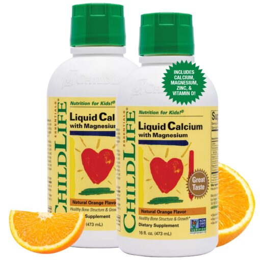 CHILDLIFE ESSENTIALS Liquid Calcium Magnesium Supplement - Healthy Bone Growth for Children, Zinc, & Vitamin D3, All-Natural, Gluten Free & Non-GMO - Natural Orange Flavor, 16 Oz Bottle (Pack of 2) 16 Fl Oz (Pack of 2)