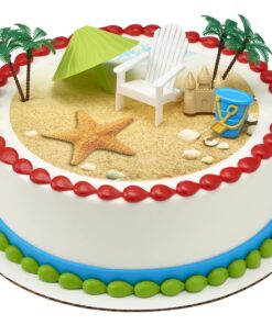 DecoSet® Beach Chair and Umbrella Tropical Beach Cake Decoration, 6 Piece Cake Topper Set, Palm Trees, Deck Chair, Beach Umbrella, Sand Castle and Bucket, Food Safe, Beach Chair & Umbrella DecoSet 23 81mSVClRKDS 2