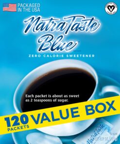NatraTaste Blue Zero Calorie Sweetener, Bulk Sugar Substitute for Coffee, Iced Tea, Lemonade, Hot & Cold Drinks, Baking, Cooking, Low Carb, Vegan, Sugar Alternative, 120 Packets Value Box (12 pack) 120 Count (Pack of 12) 11 81mb2FhhamL