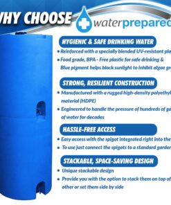 Blue 55 Gallon Water Storage Tank by WaterPrepared - Emergency Water Barrel Container with Spigot for Emergency Disaster Preparedness - Stackable- Includes 5 Year Water Treatment 13 81mjyP6eVlL