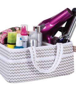 Dove Gray Chevron Storage Caddy - Chevron Print Body, Handles and Lining, Gray and White Trim, Gray and White, Two Handles, 12 in x 6 in x 8 in Dove Gray 27 81mkLecfE3L