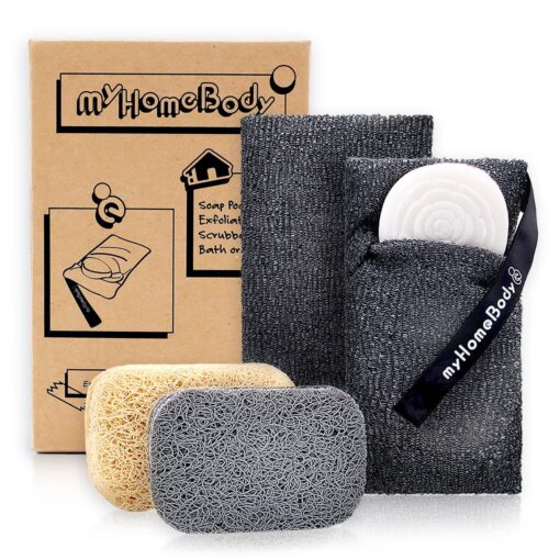 myHomeBody Soap Pocket Exfoliating Soap Saver Pouch | Body Scrubber Sponge, Exfoliator for Bath or Shower | for Large Bar Soap or Leftover Bits | Graphite Gray, 2 Pack + 2 Soap Lifting Pads