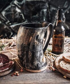 Norse Tradesman XL Viking Drinking Horn Mug - 100% Authentic Beer Horn Tankard With Hardwood Bottom & Ring Engravings | The Eternal, Low Polish, approx. 30 oz 29 81n 6ZYqwNL 2