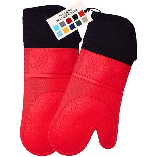 HOMWE Extra Long Professional Silicone Oven Mitt, Oven Mitts with Quilted Liner, Heat Resistant Pot Holders, Flexible Oven Gloves, Red, 1 Pair, 14.7 Inch