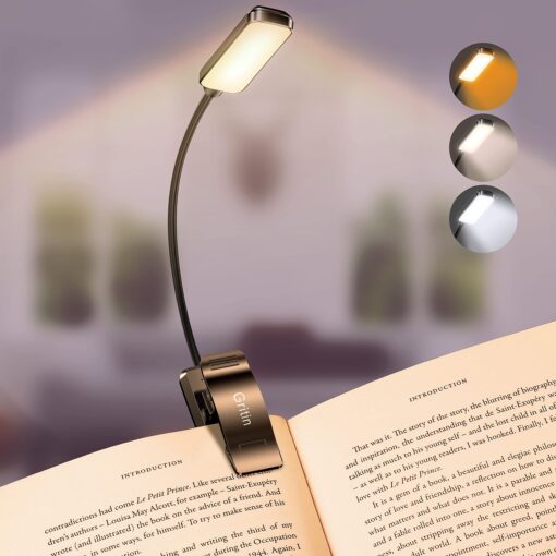 Gritin 9 LED Rechargeable Book Light for Reading in Bed - Eye Caring 3 Color Temperatures,Stepless Dimming Brightness,80 Hrs Runtime Small Lightweight Clip On Book Reading Light for Kids,Studying Black