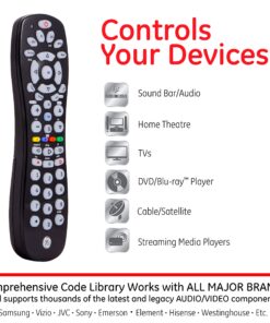 GE Universal Remote Control for Samsung, Vizio, Lg, Sony, Sharp, Roku, Apple TV, TCL, Panasonic, Smart TVs, Streaming Players, Blu-Ray, DVD, 6-Device, Black, 34459 12 81n881U08zL