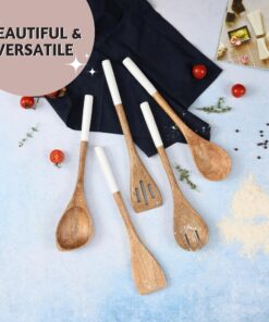 Folkulture Wooden Spoons for Cooking Set for Kitchen, Non Stick Cookware Tools or Utensils Includes Wooden Spoon, Spatula, Fork, Slotted Turner, Corner Spoon, Set of 5, 12 Inch, Acacia Wood (White) White 24 81ncgzqnWL