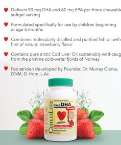 CHILDLIFE ESSENTIALS Pure DHA Dietary Supplement - DHA for Infants & Kids, Supports Healthy Brain Growth & Function, All-Natural, Gluten-Free, DHA Supplement - Strawberry Flavor, 90 Count (1 Pack) 90 Count (Pack of 1) 9 81nd6nPyGlL