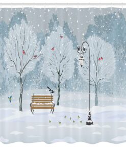 Alternative view of Ambesonne Christmas Shower Curtain, Snow Falling in The Park on a Cold Winter Day Birds Xmas Season Theme Picture, Cloth Fabric Bathroom Decor Set with Hooks, 69" W x 70" L, White and Blue