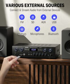 Donner Bluetooth 5.0 Stereo Audio Amplifier Receiver, 4 Channel 440W Peak Power Home Theater Stereo Receiver with USB, SD, FM, 2 Mic in Echo, RCA, LED, Speaker Selector for Studio, Home - MAMP5 15 81nlwKvxOZL