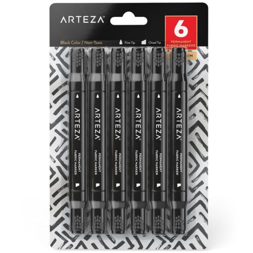 ARTEZA Black Fabric Markers, Set of 6, Dual-Tip Permanent Laundry Pen Set, Art Supplies to Create Fade-Proof Designs on Shirts, Shoes & Canvas