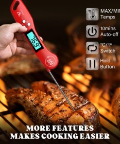 DOQAUS Digital Meat Thermometer, Instant Read Food Thermometer for Cooking, Kitchen Probe with Backlit & Reversible Display, Cooking Temperature Turkey Grill BBQ Candy Light Red 4.6'' Probe 20 81o DcuVqrL