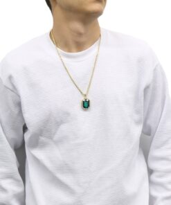 Mens 14k Gold Plated Green Ruby Octagon Hip Hop Pendant with 3mm 24" Rope Chain M3 11 81oTzf2jcPL