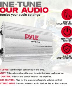 Pyle Hydra Marine Amplifier - Upgraded Elite Series 400 Watt 4 Channel Micro Amplifier - Waterproof, GAIN Level Controls, RCA Stereo Input, 3.5mm Jack, MP3 & Volume Control (PLMRMP3A) Standard Packaging 13 81obA qG1HL 2