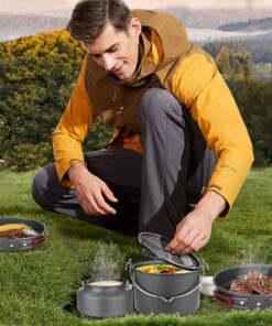 Odoland 22pcs Camping Cookware Mess Kit, Large Size Hanging Pot Pan Kettle with Base Cook Set for 4, Cups Dishes Forks Spoons Kit for Outdoor Camping Hiking Picnic 32 81oiqdFrpKL