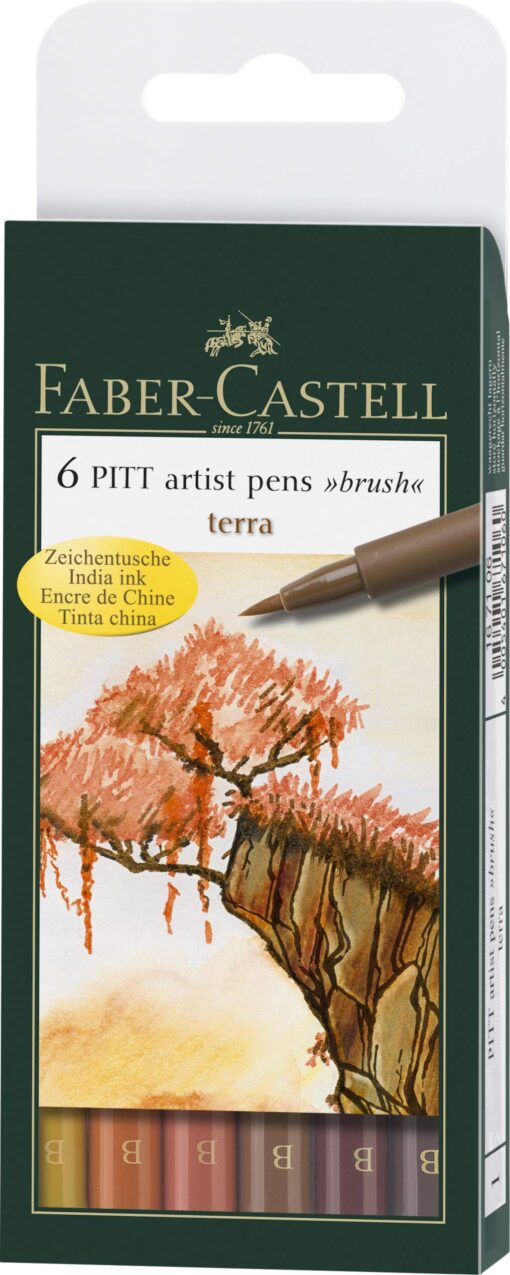 Faber-Castel FC167106 Box of 6 PITT Artist Terra Pens, India Ink, B Box Pitt Artist Brush Pen Wallets - Terracotta Set