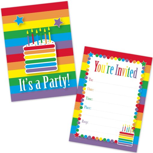 Kids Rainbow Cake Birthday Party Invitations for Girls (20 Count with Envelopes) - Rainbow Party Supplies - Kids Fill in the Blank Invites multicolored