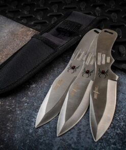 BladesUSA Perfect Point Throwing Knives – Set of 3 – Satin Finish Stainless Steel Blades and Handles w/ Spider Design, Nylon Sheath, Full Tang Construction, Well Balanced, Throwing Sport Knives – RC-179-3 9 81p9S6dVK2L