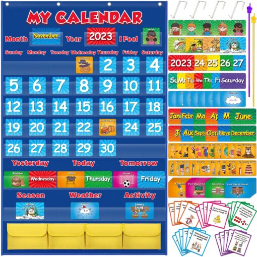 Aizweb Classroom Calendar Pocket Chart,Monthly Calendar for Kid Preschool Kindergarten Classroom Elementary Must Haves,Classroom Decorations Decor,Homeschool Teacher Supplies,Back to School Supplies Blue