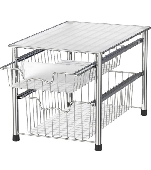 Simple Houseware Stackable 2 Tier Sliding Basket Organizer Drawer, Chrome 2-Tier