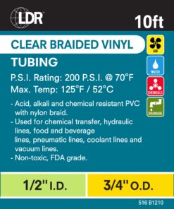 LDR Industries 516 B1210 Clear Braided Nylon Poly Tubing Flexible Non-Toxic, Diameter x 10ft, Finish, 1/2" x 10', 10 Feet 6 81pRnXkxsuL