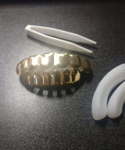 TSANLY Gold Grillz 6 Teeth Mouth 24K Plated Gold Top & Bottom Grills Caps Set for Son + Extra Molding Bars + Microfiber Cloth 21 81pfAyIqjL