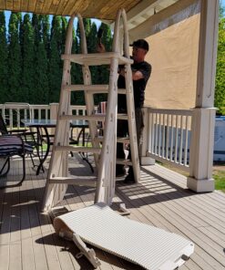 Confer Plastics 7200 Roll Guard 48" to 56" Adjustable A Frame Safety Ladder for Above Ground Outdoor Patio Swimming Pool Platform Ladder with Step Barrier, Warm Grey 45 81pfntn2 CL