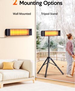 VAGKRI Outdoor Heaters, 1s Heating Electric Infrared Patio Heaters with Remote, 12H Timer, 3 Heat Levels, IP65 Waterproof, Electric Wall Heaters with Tripod Stand for Home, Office, Patio and Garage Black 25 81plvf7u7ZL