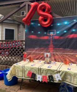 amscan Spalding Basketball Table Cover - 54" x 102", Blue/Red, 1pc 19 81poecNFqBL