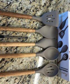Miusco Non-Stick Silicone Kitchen Utensils Set with Natural Acacia Hard Wood Handle, 5 Pieces, Grey, BPA Free, Baking, Serving and Cooking Utensils Gray 49 81prDrKyCCL